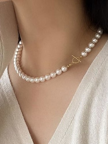 Geometrische Vintage-Perlenkette aus 925er-Sterlingsilber mit Imitationsperle