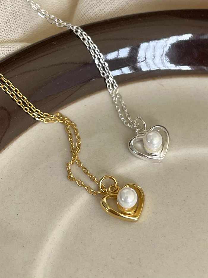 925 Sterling Silver Imitation Pearl Heart Hip Hop Necklace