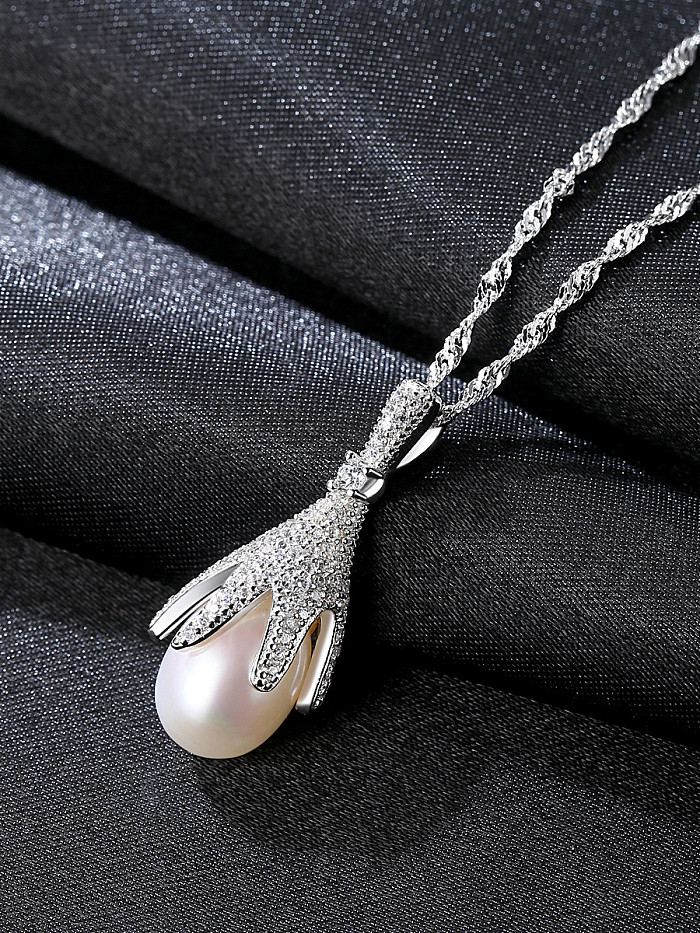 Halskette aus reinen, mit AAA-Zirkonen eingelegten Naturperlen aus reinem Silber