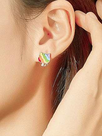 925 Sterling Silver Enamel Rainbow Cat Cute Stud Earring