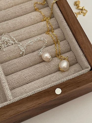 925 Sterling Silver Imitation Pearl Geometric Vintage Necklace