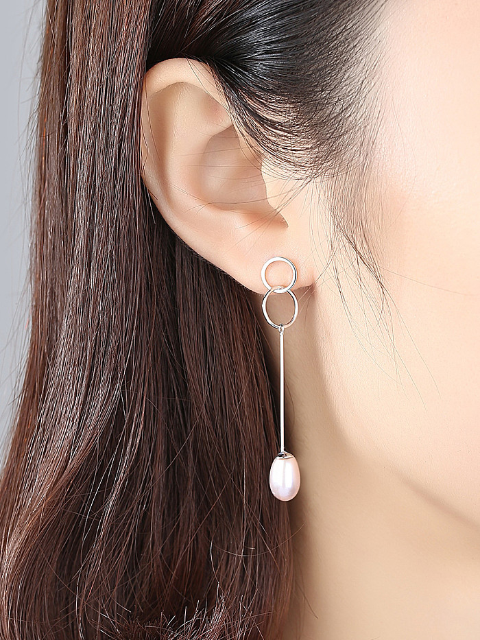 Pure silver double ring design natural pearl earrings