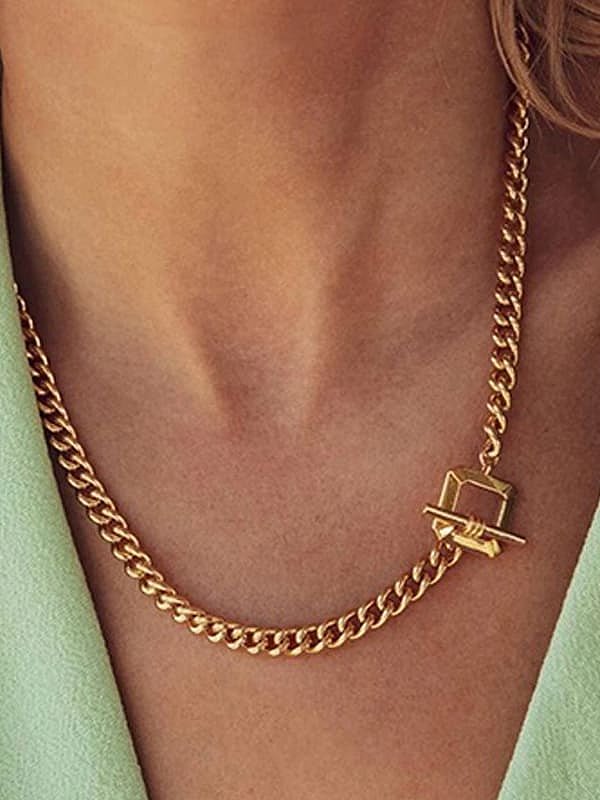 Simple and versatile 14K Gold square buckle titanium steel necklace