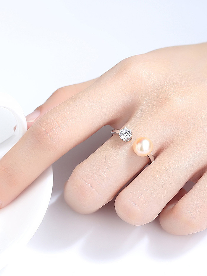 Sterling silver zircon natural freshwater pearl free size ring
