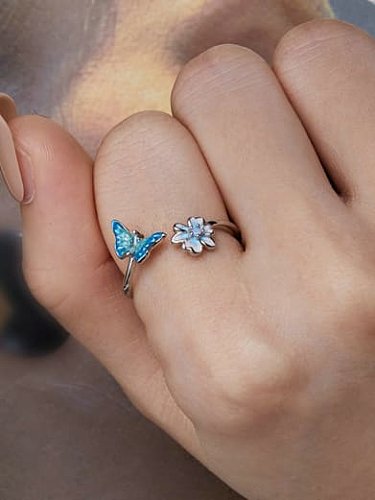 925 Sterling Silver Enamel Butterfly Cute Band Ring