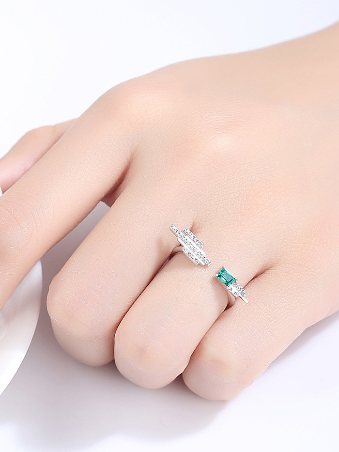 Sterling silver emerald inlaid zircon geometric free size ring