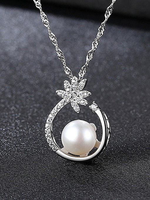 Pure Silver AAA zircon Natural Freshwater Pearl Pendant Necklace
