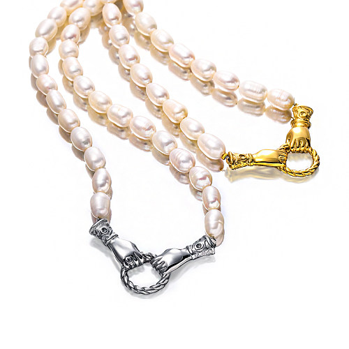 Hands Fresh Water Pearl Stainless Steel Necklace