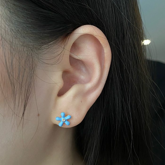 Sterling Silver Enamel Flower Stud Earrings