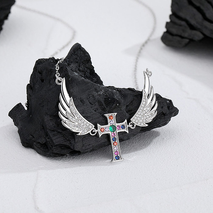 Regenbogen-Zirkonia-Flügel-Kreuz-Anhänger-Halsketten