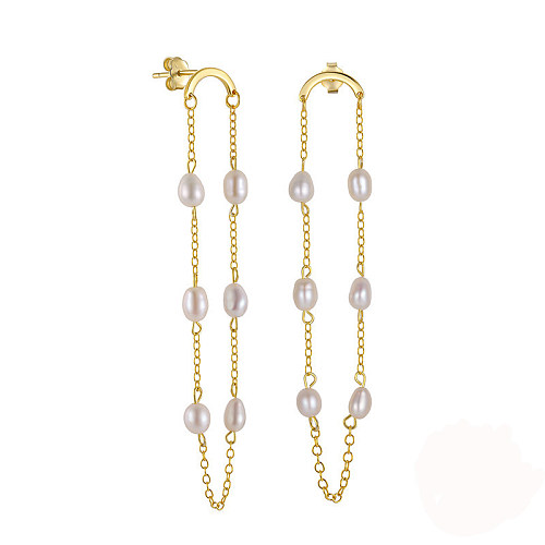 Sterling Silver Pearl Tassel Chain Stud Earring