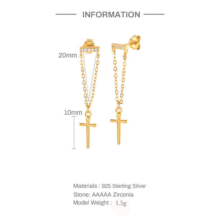 Cross Tassel Chain Zirconia Silver Sterling Stud Earring