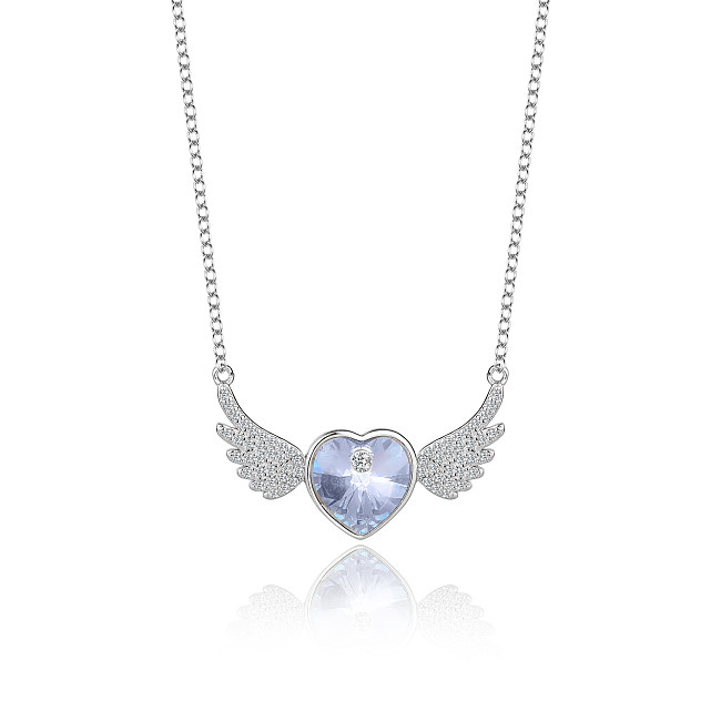 Collier avec pendentif en forme d'aile et de zircone cubique, cristaux autrichiens, cœur d'amour