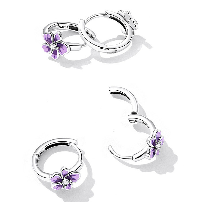 Violet Enamel Flower Zirconia Hoop Earrings