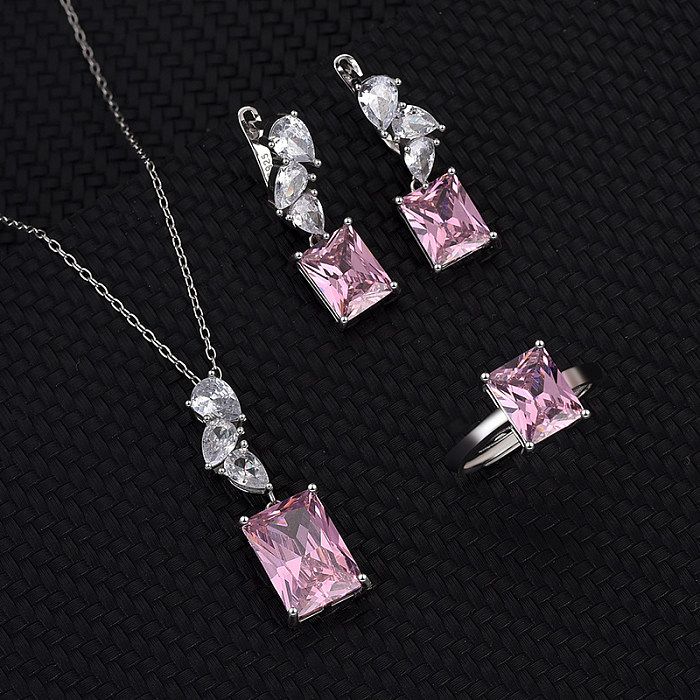 Cubic Zirconia Rectangle Pendant Necklace Stud Earring Ring Set