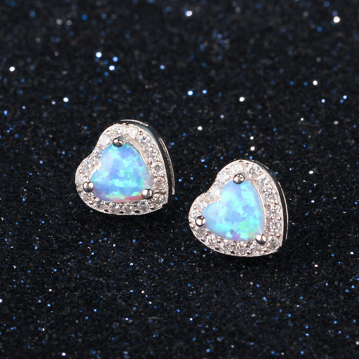 Zirconia Blue Heart Opal Stud Earring