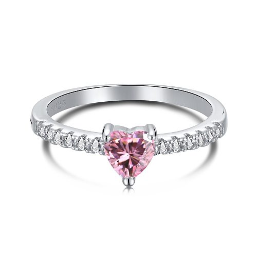 Anéis de coração rosa com zircônia em prata esterlina