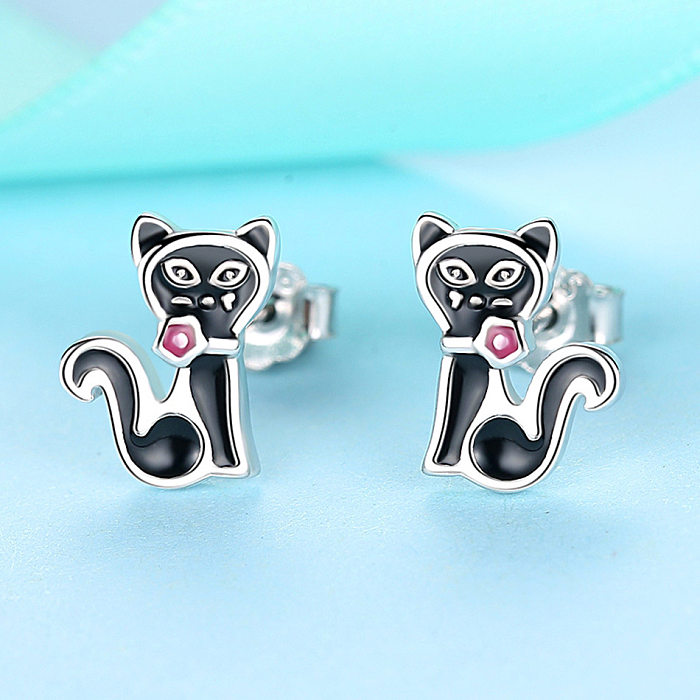 Kids Silver Black Cat Kitty Stud Earrings