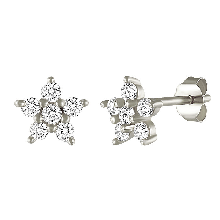 Cubic Zirconia Silver Flower Stud Earrings