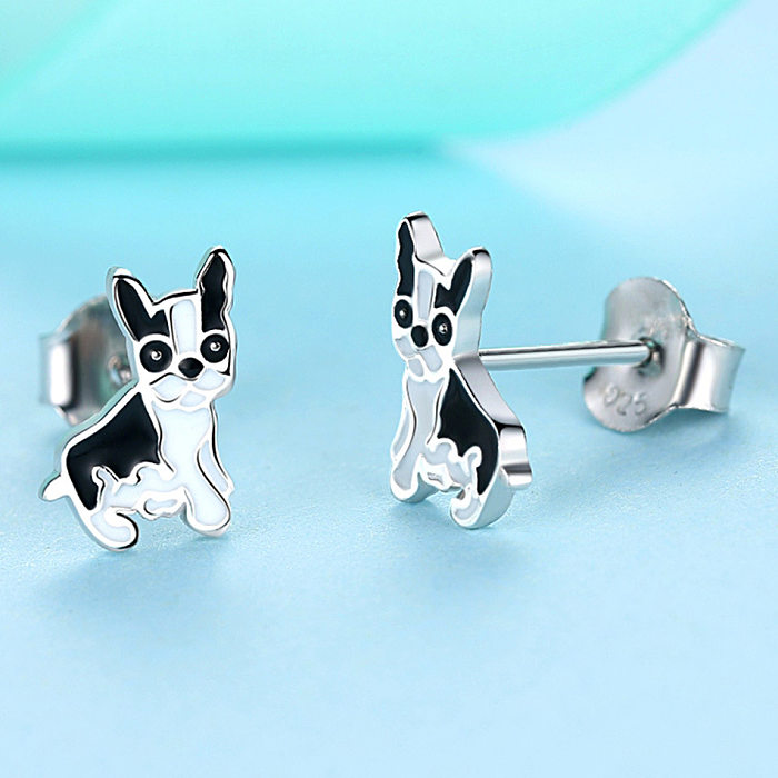 Kids Silver Black Puppy Stud Earrings