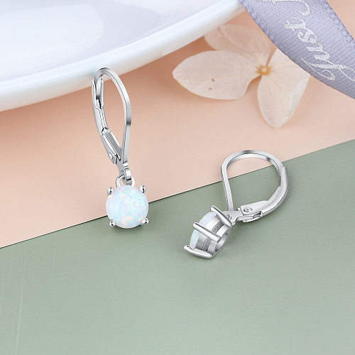Round White Opal Lever Back Earring