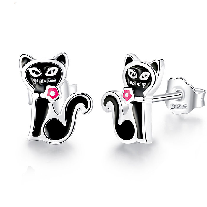 Kids Silver Black Cat Kitty Stud Earrings