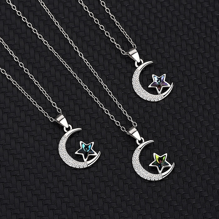 Collier avec pendentif en cristaux autrichiens, étoile, lune, zircone cubique