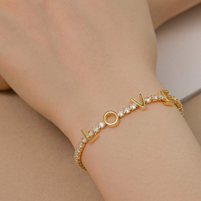 Pulseira de tênis com letras de amor de zircônia