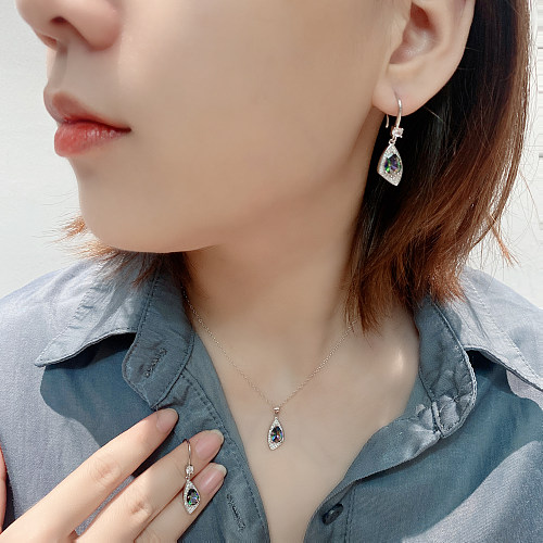 Cubic Zirconia Geometric Pendant Necklace Dangle Earring Set