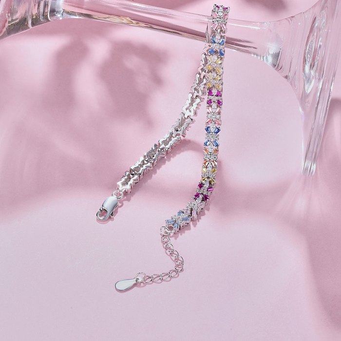Bracelet de luxe en chaîne de tennis avec fleurs en zircone arc-en-ciel
