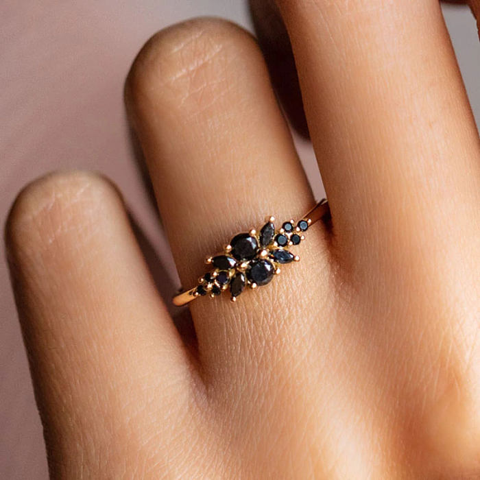 Silver Zirconia Black Leaf Band Ring