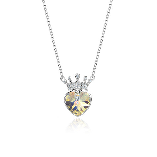 Collier couronne en zircone cubique avec cristaux autrichiens, cœur d'amour