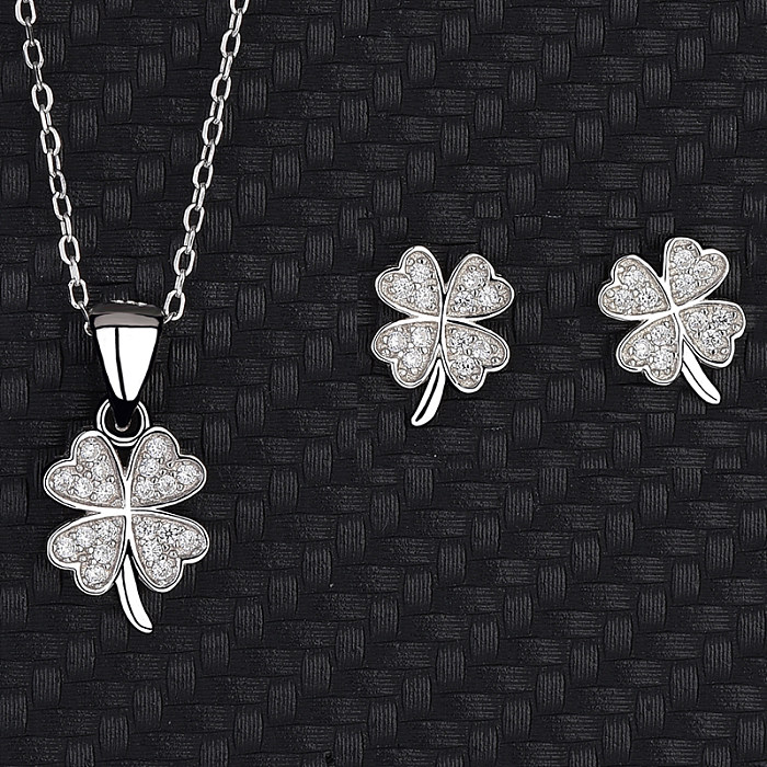 Silbernes Kleeblatt-Ohrring-Halsketten-Set mit kubischen Zirkonia