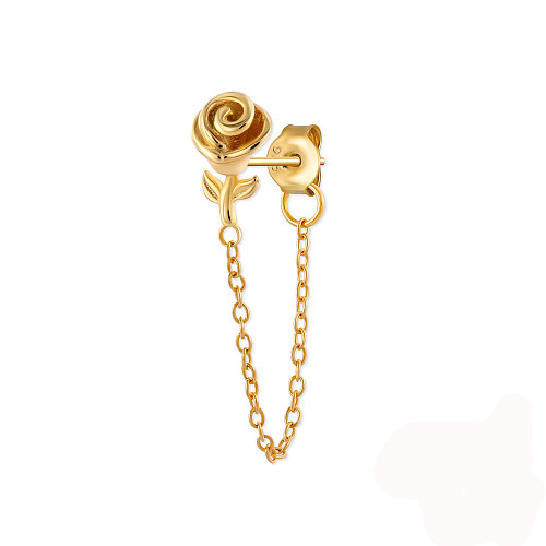Boucle d'oreille fleur de rose unie en argent avec chaîne