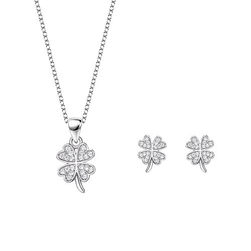 Silver Cubic Zirconia Clover Earring Necklace Set