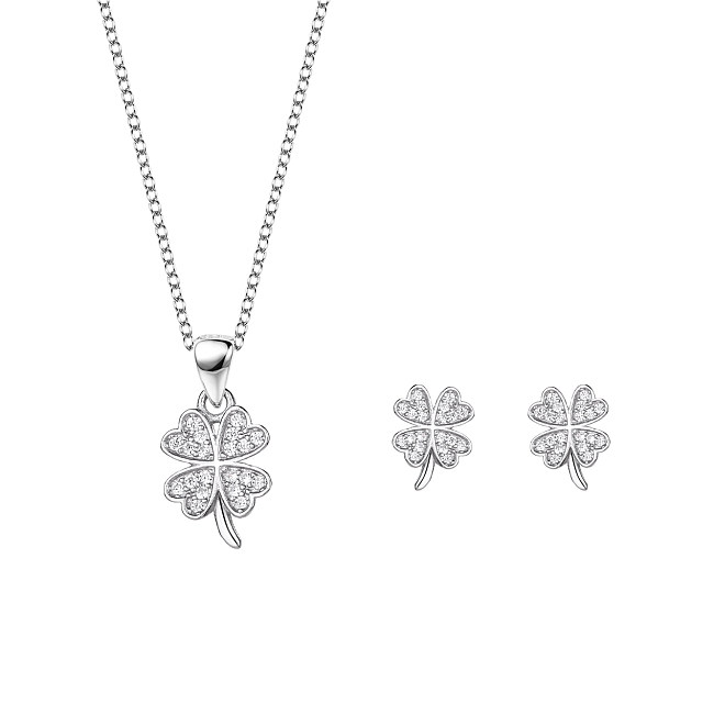 Silver Cubic Zirconia Clover Earring Necklace Set
