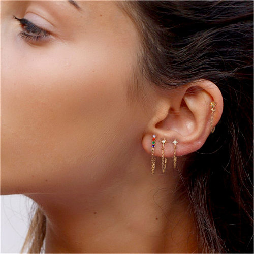 Silver Cubic Zirconia Star Earring with Chain
