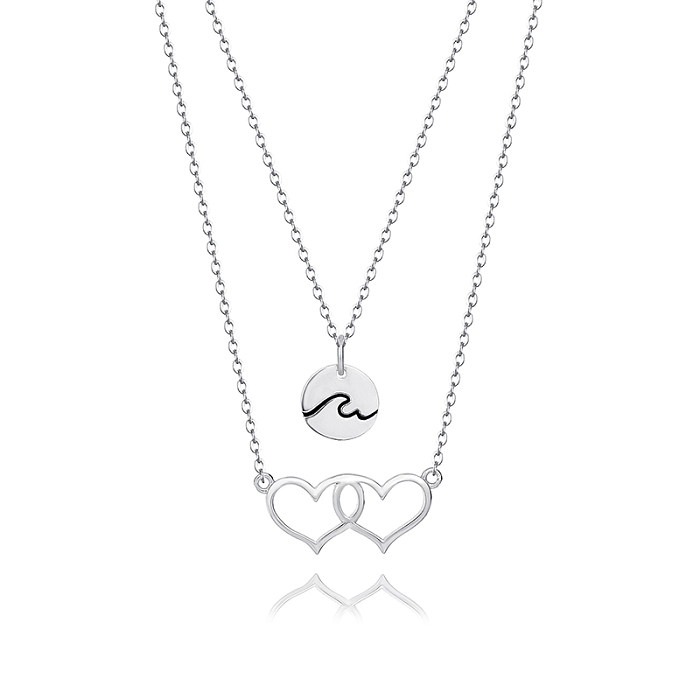 Sterling Silver Circle Double Hearts Layered Neckalce
