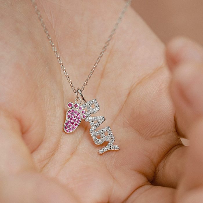 Zirconia Baby Letters Footprint Necklace