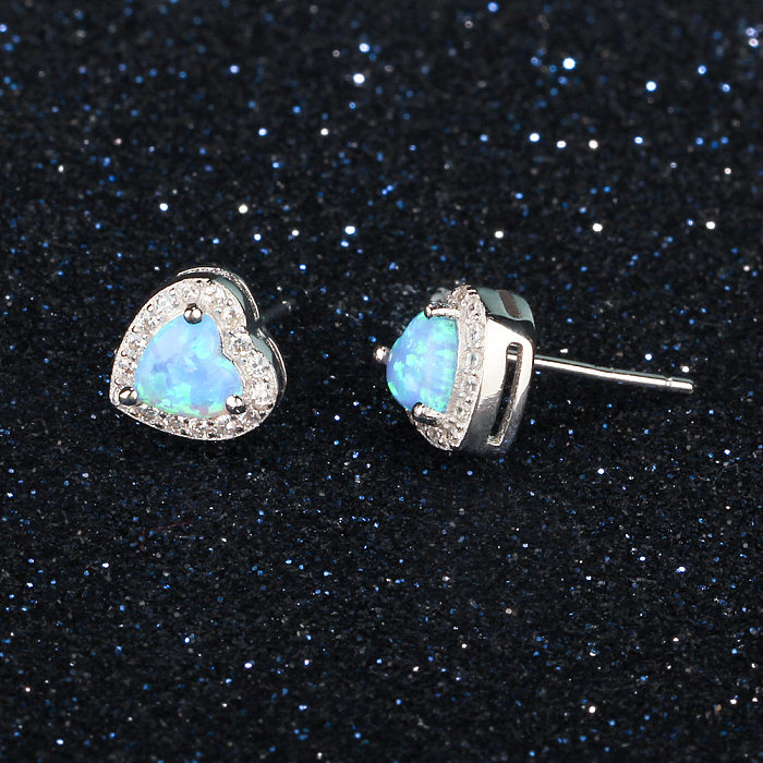 Zirconia Blue Heart Opal Stud Earring