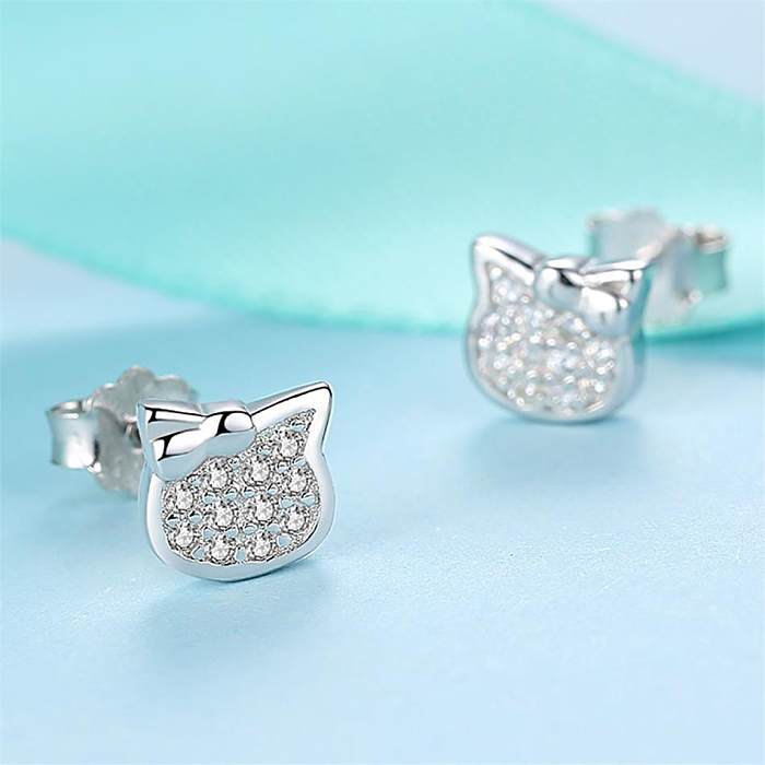 Boucles d'oreilles à tige en argent et zircone pour enfants, chaton