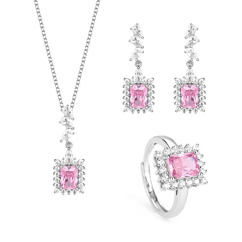 Cubic Zirconia Rectangle Pendant Necklace Stud Earring Ring Set