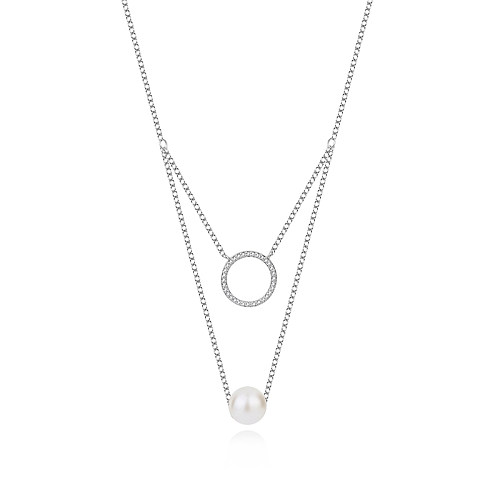 Sterling Silver Zirconia Circle Pearl Neckalce