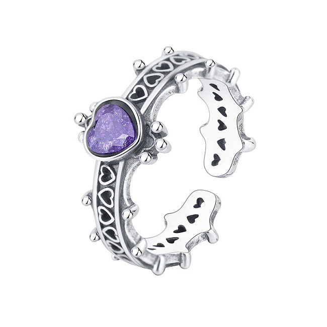 Anéis abertos de zircônia com coroa de coração violeta vintage