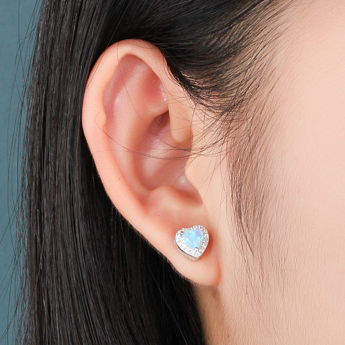 Zirconia Blue Heart Opal Stud Earring