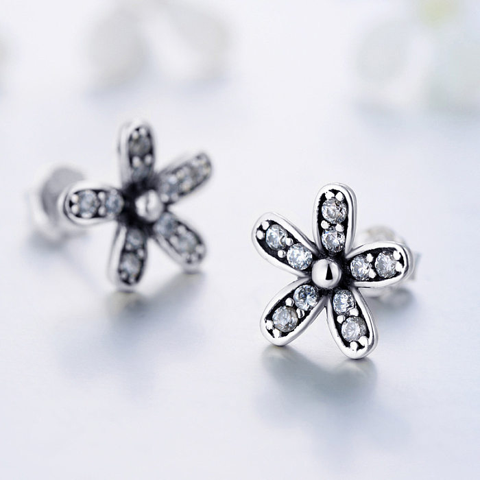 Sterling Silver Zirconia Flowers Stud Earrings