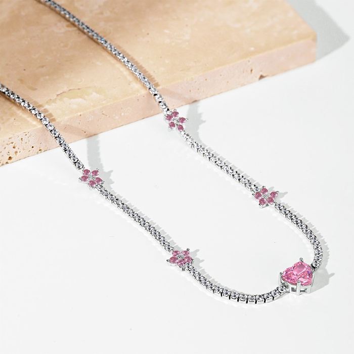 A Zirconia Flower Heart Pendant Tennis Necklace