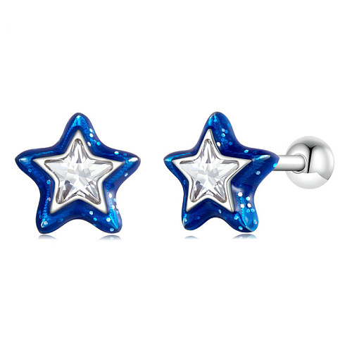 Enamel Blue Star Zirconia Screw Back Earrings