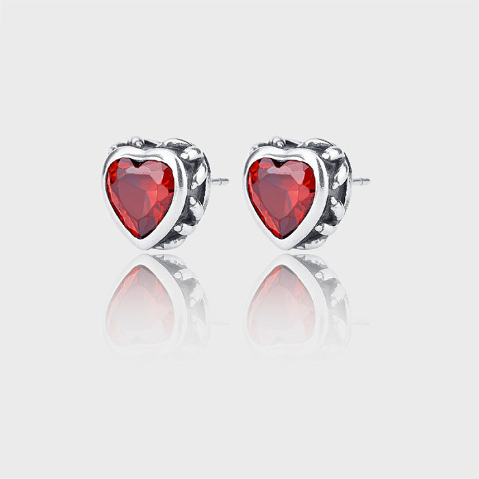Vintage Red Heart Zirconia Stud Earrings