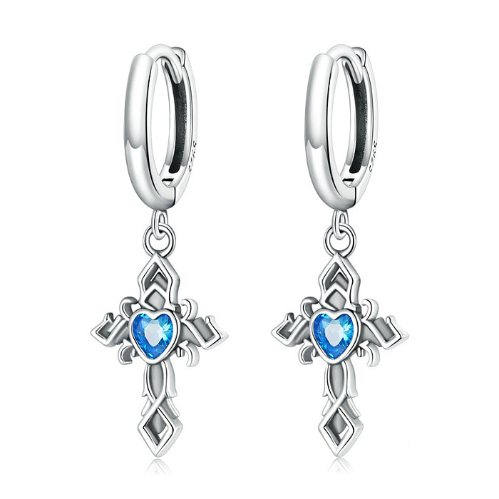 Vintage Cross Blue Zirconia Heart Hoop Earrings